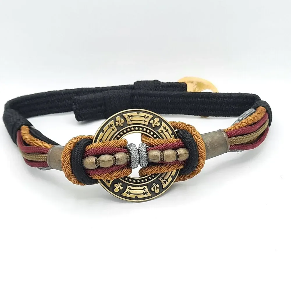 Vtg 80s Boho Macrame Braided Rope Fleur De Lis Medallion Statement Belt Stretch